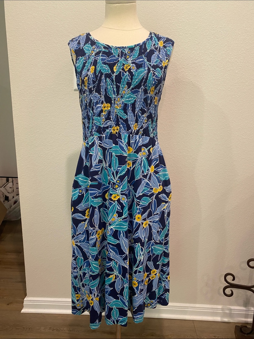 Coldwater Creek Navy Floral Smocked Midi Dress